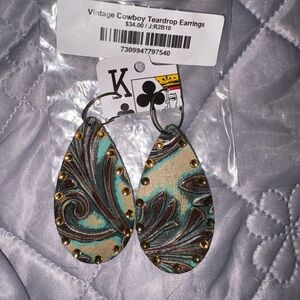 Turquoise & Brown Teardrop Dangle Earrings with Gold Studs